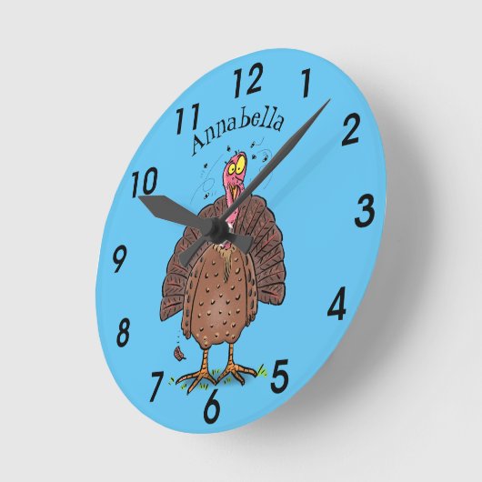ハエのおもしろい漫画を描いた茶色のファーマヤードの七面鳥 ラウンド壁時計 (傾斜)