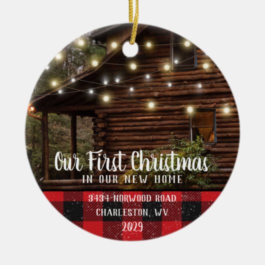 ハカスタムウスフォトファーストクリスマス新しいホームファミリー名 セラミックオーナメント (正面)
