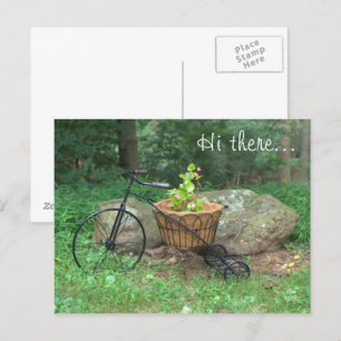 ハガキこんにちは。自転車ピンクの花かご ポストカード