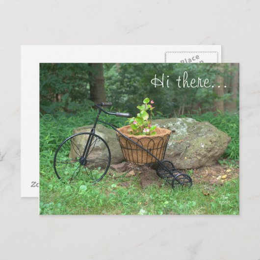 ハガキこんにちは。自転車ピンクの花かご ポストカード (正面/裏面)