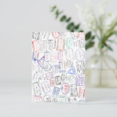 ハガキに世界中のパスポート切手を貼る ポストカード (スタンド正面)