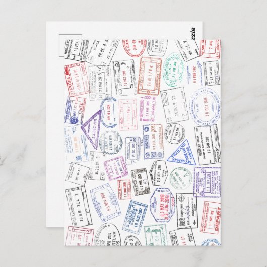 ハガキに世界中のパスポート切手を貼る ポストカード (正面/裏面)