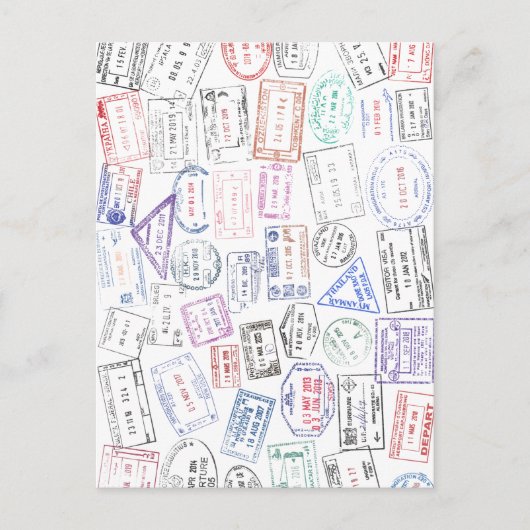 ハガキに世界中のパスポート切手を貼る ポストカード (正面)