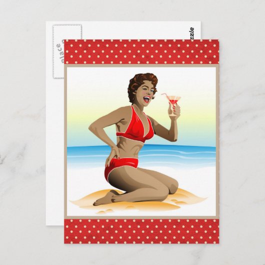 ハガキの夏のカクテル付きピンアップ ポストカード (正面/裏面)
