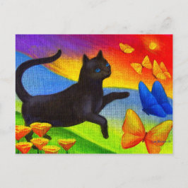 ハガキ絵画の黒猫ネコ蝶 ポストカード
