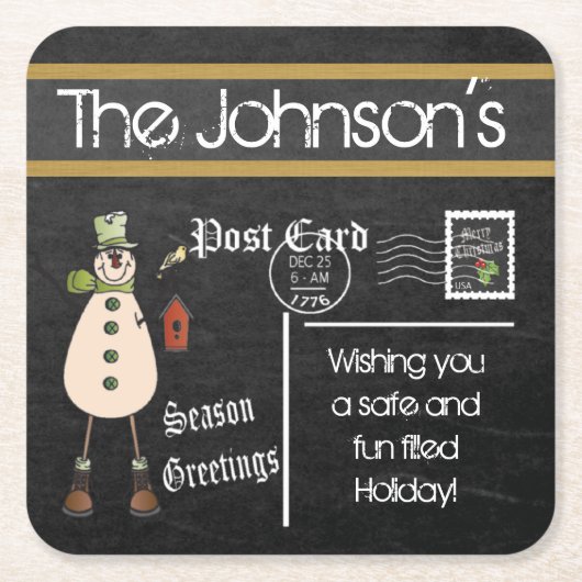 ハガードシャルボードビンテージクリスマス雪だるま スクエアペーパーコースター (正面)
