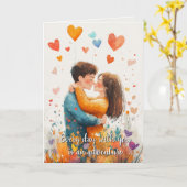 ハギングカップルとハートヴァレンティヌデイベージュ カード (黄色い花)