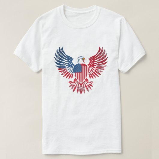 ハクトウワシとアメリカ国旗の愛国的なデザイン Tシャツ (デザイン正面)