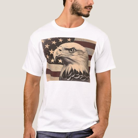 ハクトウワシとアメリカ国旗 ビンテージ風デザイン Tシャツ (正面)