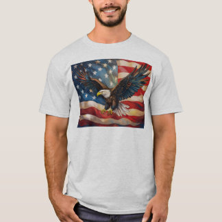 ハクトウワシとアメリカ国旗 Tシャツ