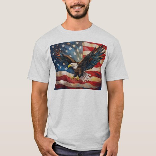 ハクトウワシとアメリカ国旗 Tシャツ (正面)