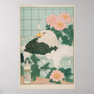 ハクトウワシの浮世絵風呂桶絵 日本風 ポスター