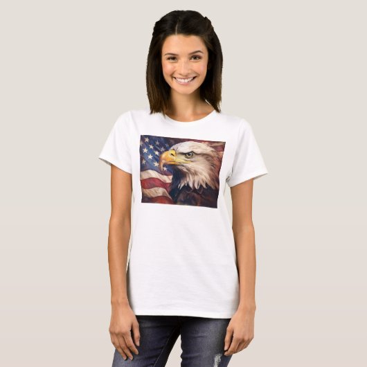ハクトウワシの頭とアメリカ国旗 Tシャツ (正面フル)