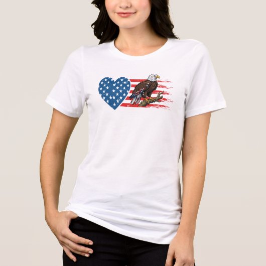 ハクトウワシ、アメリカ国旗ハート トライブレンドTシャツ (正面)
