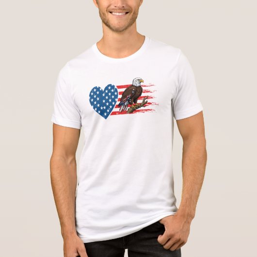 ハクトウワシ、アメリカ国旗ハート トライブレンドTシャツ (正面)