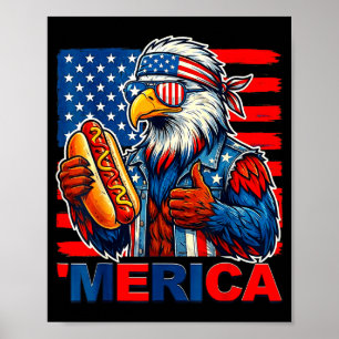 ハクトウワシ ホットドッグ アメリカ国旗 4th of July 面白い ポスター