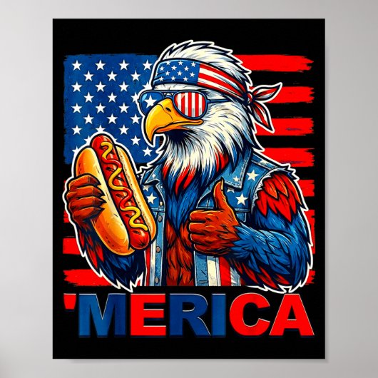 ハクトウワシ ホットドッグ アメリカ国旗 4th of July 面白い ポスター (正面)