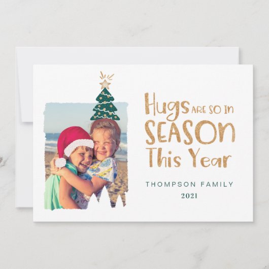 ハグはシーズンのクリスマスツリー&サンタハット写真 シーズンカード (正面)