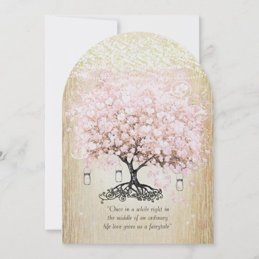 ハグ淡い色のウッドハートリーフツリー金ゴールド結婚式の招待 招待状 (裏面)