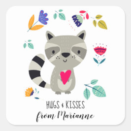 ハグ&キスおもしろいラクーンバレンタインデー スクエアシール