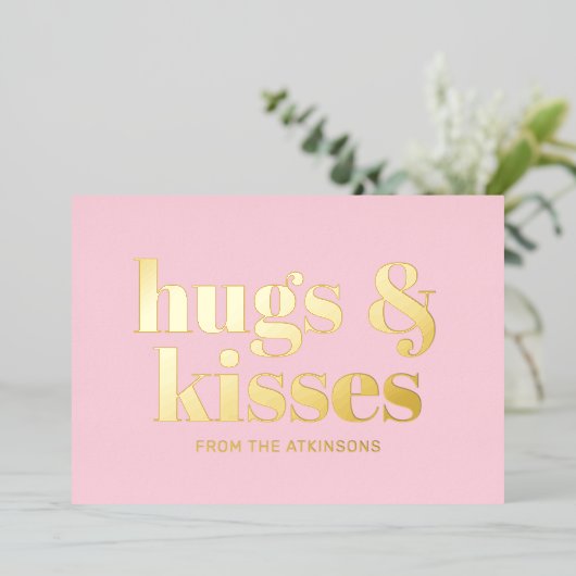 ハグ&キスピンク白モダンはっきりしたタイポグラフィ 箔シーズンカード (立ち正面)