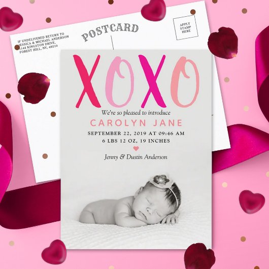 ハグ&キス(XOXO)写真誕生のお知らせ 案内ポストカード