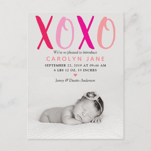 ハグ&キス(XOXO)写真誕生のお知らせ 案内ポストカード (正面)