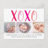 ハグ&キス(XOXO) 3写真誕生のお知らせ 案内ポストカード (正面)