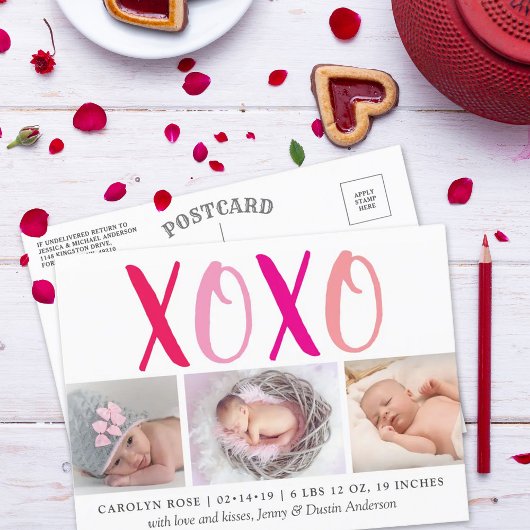 ハグ&キス(XOXO) 3写真誕生のお知らせ 案内ポストカード