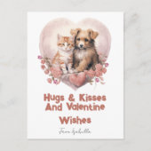 ハグ＆キッス 猫 犬 バレンタイン ピンク カード (正面)