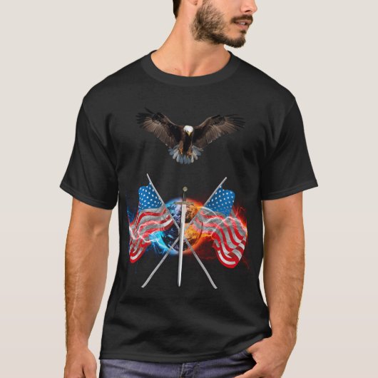 ハゲ飛んでいるワシ、アメリカ国旗 Tシャツ (正面)