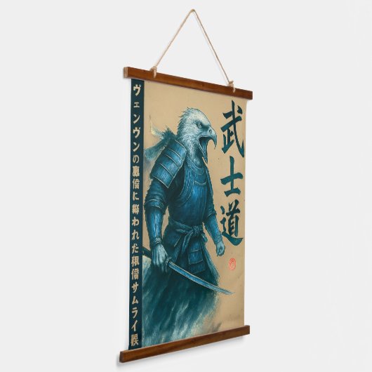 ハゲ鷲サムライ戦士 – インク日本のスタイル 吊り下げ型タペストリー (傾斜あり)