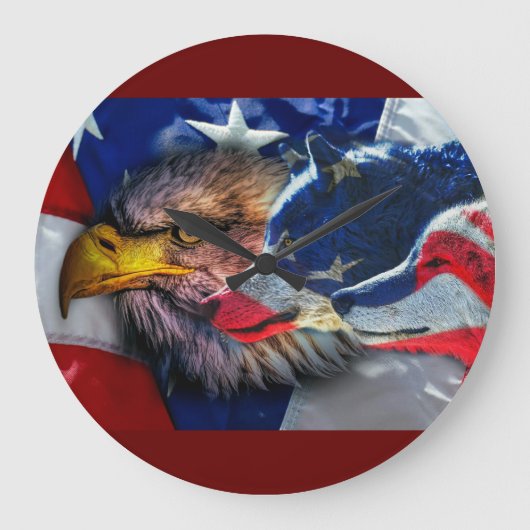 ハゲ・イーグル・ウルフ・アメリカ国旗 ラージ壁時計 (正面)