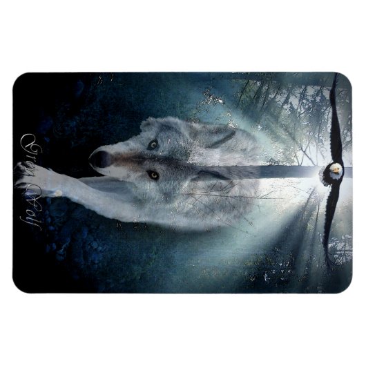 ハゲ・イーグル&グレー・ウルフ野生動物芸術プレミアムマグネット マグネット (横)