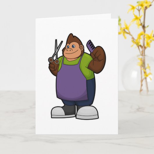 ハサミとくしを持つスタイリストとしてのゴリラ カード (黄色い花)