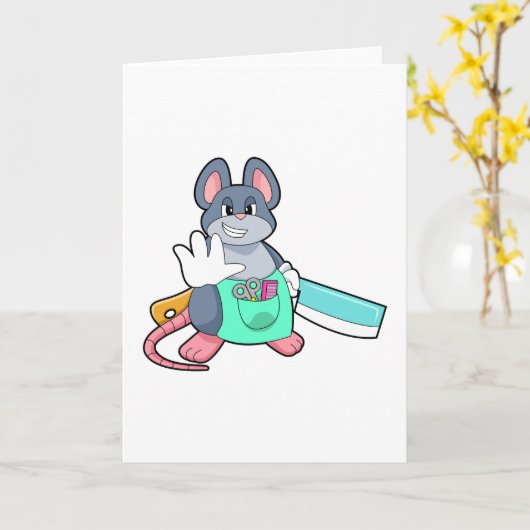 ハサミとくしを持つ美容師のネズミ カード (黄色い花)