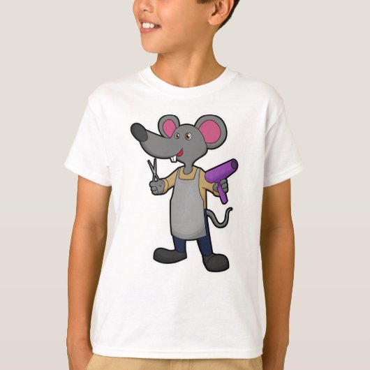 ハサミとドライヤーを持つ美容師のネズミ Tシャツ (正面)