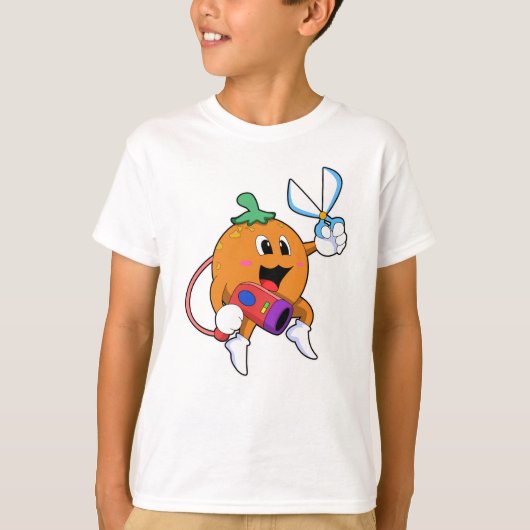 ハサミとヘアドライヤーと美容師としてのオレンジ Tシャツ (正面)