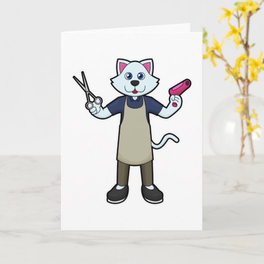 ハサミとヘアドライヤーを持った美容師としての猫 カード (黄色い花)