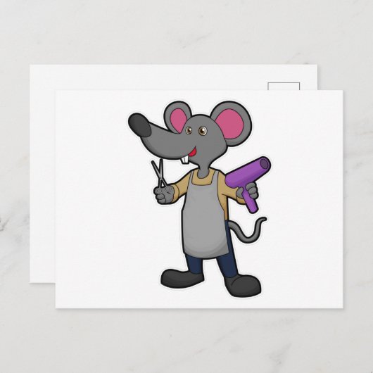 ハサミとヘアドライヤーを持った美容師のネズミ ポストカード (正面/裏面)