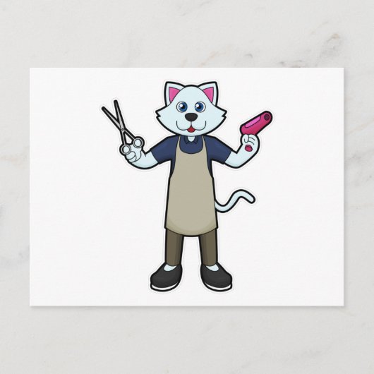 ハサミとヘアドライヤーを持つ美容師としての猫 ポストカード (正面)