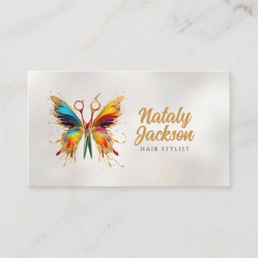 ハサミと蝶の水色と金ゴールド 名刺 (正面)