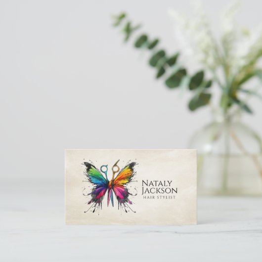 ハサミと蝶の水色 名刺 (スタンド正面)