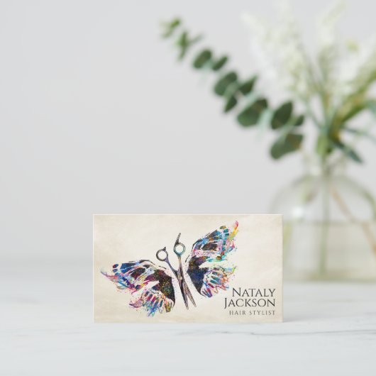 ハサミと蝶の水色 名刺 (スタンド正面)