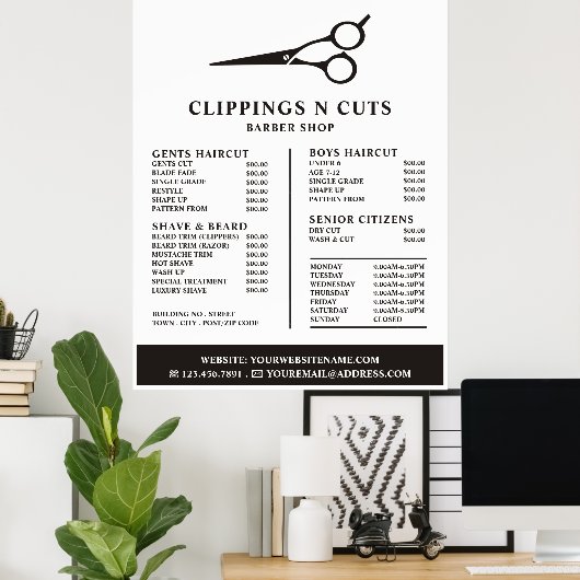 ハサミのロゴメンズ理容師価格表 ポスター (ホームオフィス)