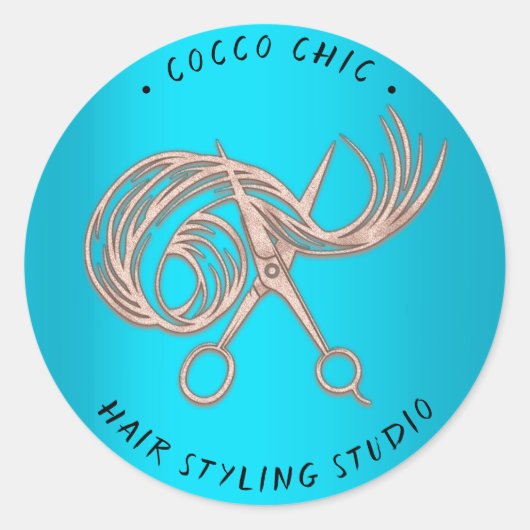 ハサミの髪のロゴ名ありがとうバラブルー ラウンドシール (正面)