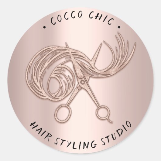 ハサミの髪のロゴ名ありがとうバラ赤面 ラウンドシール (正面)