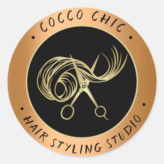 ハサミの髪のロゴ名ありがとう金ゴールドブラウン ラウンドシール (正面)