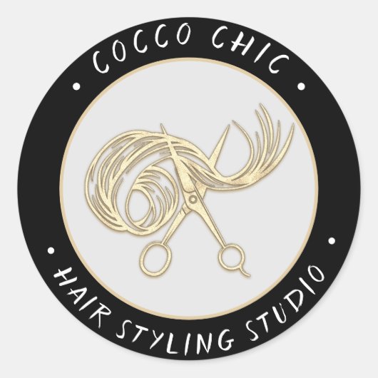 ハサミの髪のロゴ名ありがとう金ゴールドブラック ラウンドシール (正面)