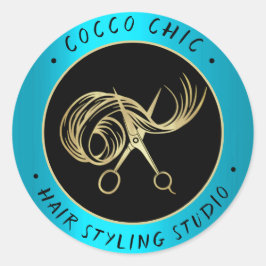 ハサミの髪のロゴ名ありがとう金ゴールドブルー ラウンドシール